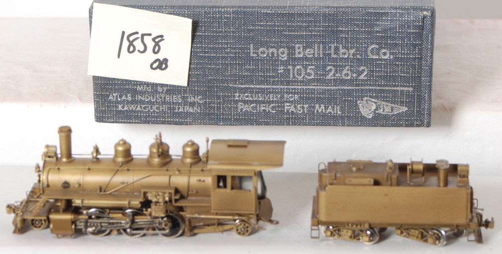 Pacific Fast Mail Long Bell 2-6-2 loco: Pacific Fast Mail / United modern HO brass 2-6-2 steam locomotive. Loco is for the Long Bell Lumber Company. Loco is generally C7-8. Brass has darkened slightly from age. OB has marking sticker on end
