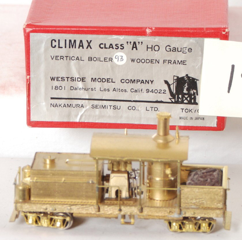 Westside Model Climax loco with vertical boiler: Westside Model Company HO brass class A vertical boiler Climax steam locomotive in OB. Loco is C7-8 with a few light finger print marks on the brass.
