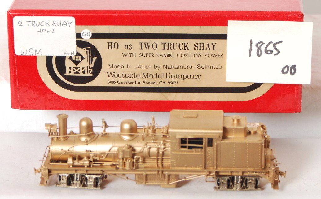 HOn3 brass two truck Shay steam locomotive: HOn3 modern brass two truck Shay steam locomotive. Loco may be a Westside Model Co. Shay? Loco has one finger print on the cab side, otherwise loco is C8. The box that is included may be incorrect. Se