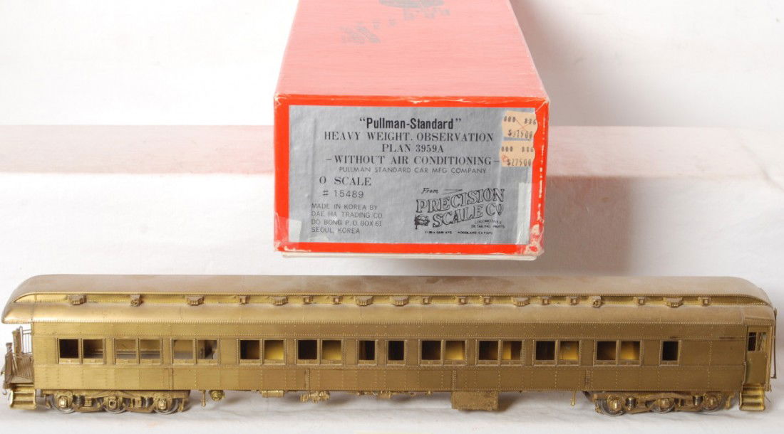 Precision Scale Co. Pullman Observation 3959A: Precision Scale Co. O scale two rail brass Pullman Standard observation. Floor plan is 3959A without Air Conditioning. Precision Scale Co. number is 15489. Car is C8 with some display dust and very fa
