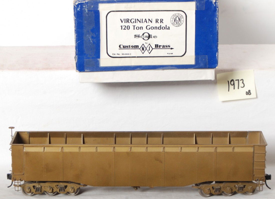 NJ Custom Virginian 120 ton hopper: NJ custom O scale two rail brass 120 ton Virginian hopper in OB. Hopper is C7-8 with a few dark streaks on the brass on each side. Could be wiped finger prints. OB has some corner and edge wear. See p