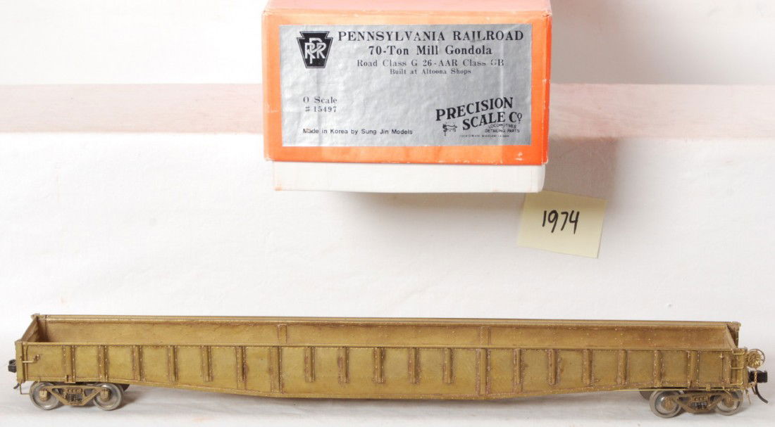 Precision Scale Co. Pennsylvania mill gondola: Precision Scale Co. Iron Horse Models O scale two rail brass Pennsylvania 70 ton mill gondola in OB. Car is generally C7 with spotting inside the body along the length of the car. Precision Scale Co.