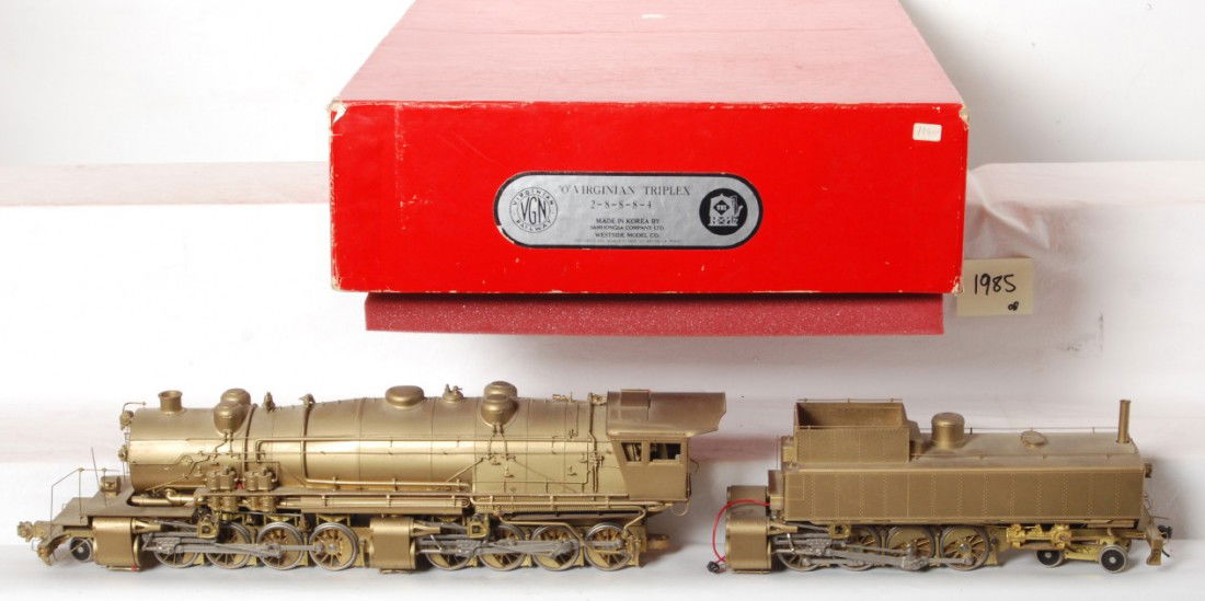 Westside Model Company Virginian Triplex: Westside Model Company O scale two rail brass Virginian Triplex 2-8-8-8-4 steam locomotive in OB. Loco has one loose ladder and front grab rail. Otherwise C7-8 with some light spotting along the top.