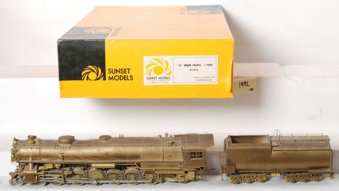 Sunset Models Union Pacific 4-12-2: Sunset Models O scale two rail brass Union Pacific 4-12-2 No. 9000 steam locomotive in OB. Loco is Generally C7-8 with display dust and spotting on the top half of the locomotive. OB has some corner a