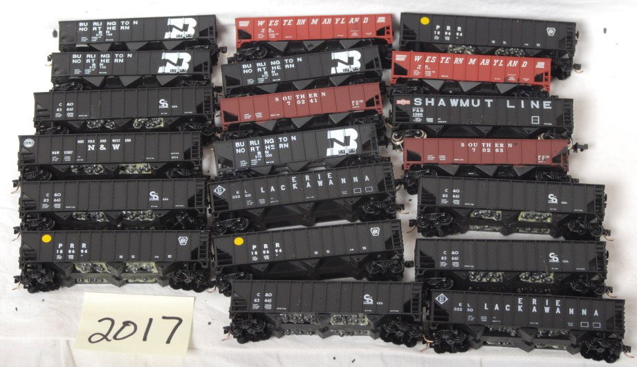 20 three bay hoppers BN, Erie, Southern, etc.: Twenty N scale three bay hoppers with Kadee style couplers. Road names include Burlington Northern, Southern, C&O, Western Maryland, etc. Cars are generally C8, a few missing wheel sets.