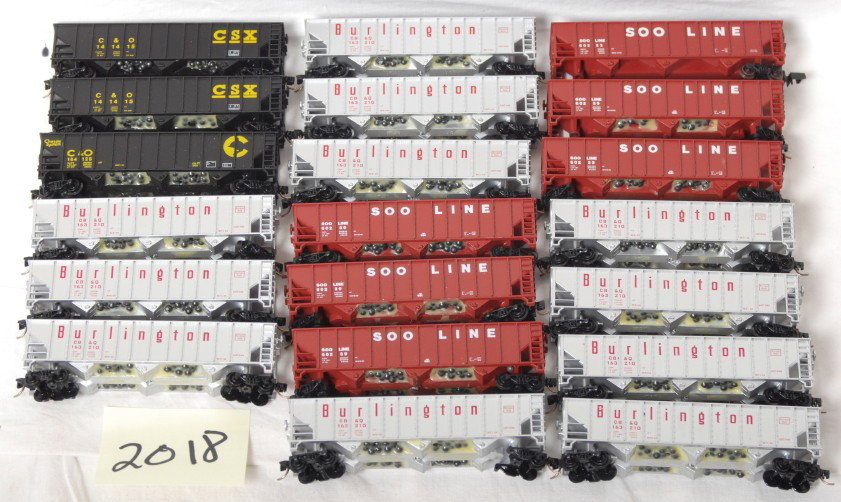 20 three bay hoppers Soo, Burlington, CSX: Twenty N scale three bay hoppers with Kadee style couplers. Road names include Soo Line, Burlington, and CSX Cars are generally C8, a few missing wheel sets.