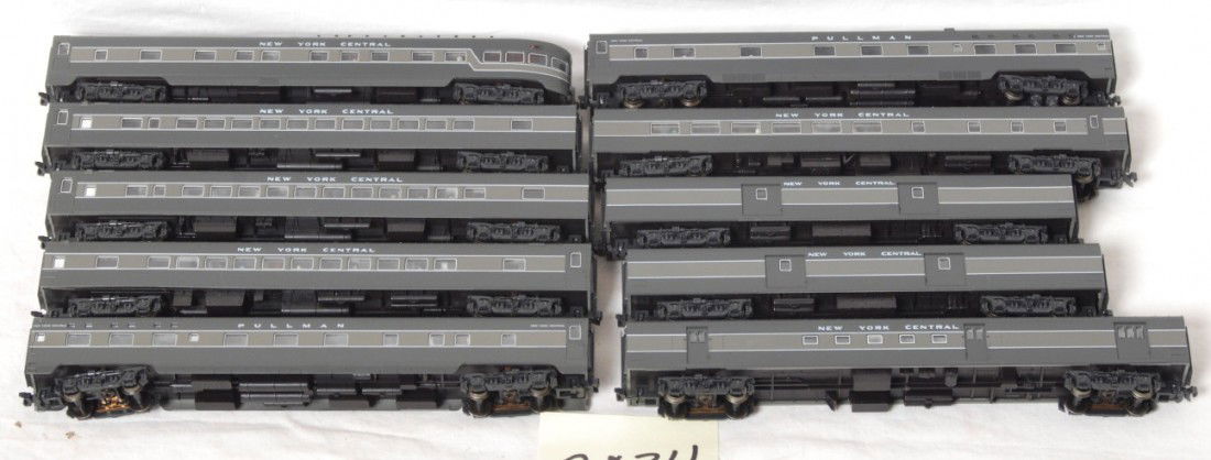 10 Kato New York Central streamlined passenger ca: Kato modern N scale New York Central passenger cars. Ten cars total with Kadee style couplers. Cars are C7-8, a few of the small train phone antenna holders are broken off or missing on a few cars. Se