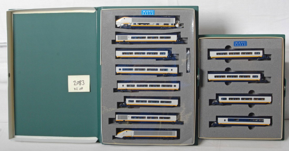 Kato Eurostar 12 car set 10-327 10-328: Kato modern N scale Eurostar twelve car set. Includes 10-327 and 10-328 sets. Two powered units, one is partially disassembled. Other than the disassembled loco, set is C8.