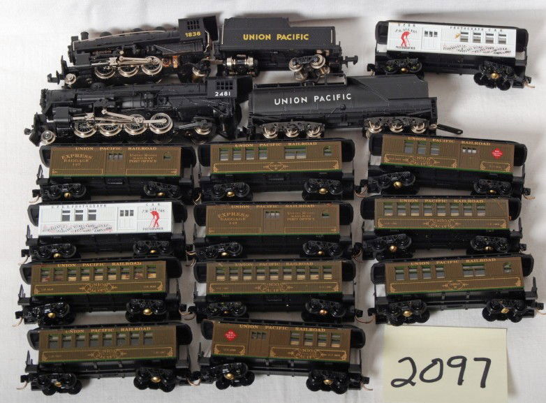2 Union Pacific steam locomotives and 12 pass car: Modern N scale Union Pacific trains from Bachmann and others. Includes two steam locomotives one is a 2-8-2 the second is a 2-6-2. Twelve unmarked short late 19th century passenger cars with Kadee sty