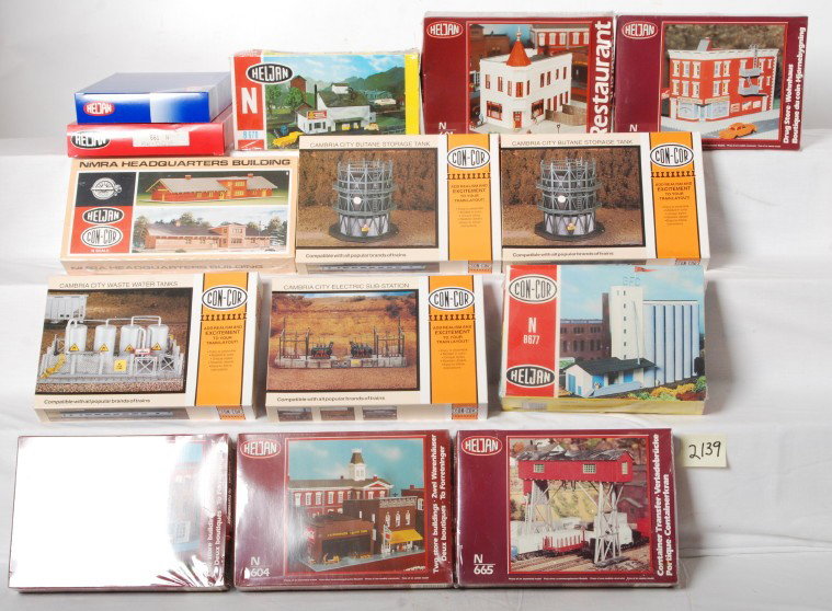14 Concor Heljan kits: Heljan and Con Cor modern N scale building kits in OBs. Fourteen kits include the following numbers. 688, 688, 690, 687, 604, 602, 665, 670, 601, 611, 676, 661, and NMRA headquarters building. Kits ar