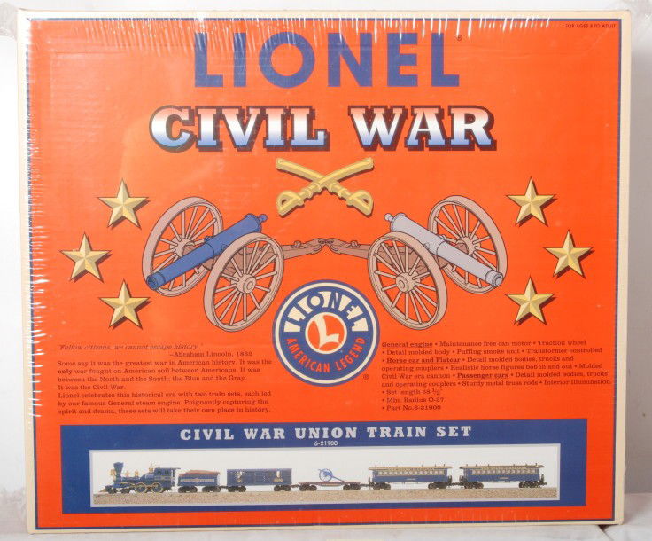 Lionel 21900 Union Civil War Train Set: Lionel modern O gauge 21900 Civil War Union train set factory sealed in OB, C10. OB has small crease across the lid.