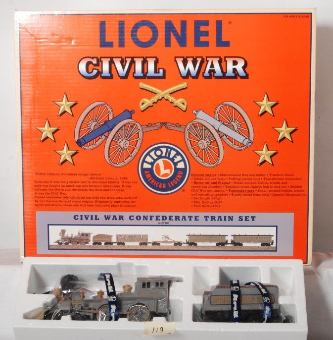 Lionel 21901 Civil War Confederate train set: Lionel modern O gauge 21901 Civil War Confederate train set in OB. Set has been opened for inspection, but loco and cars appear to still be factory wrapped. C9+. Set lid has light crease.