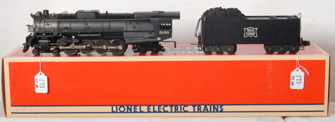 Lionel Rock Island 18001 4-8-4 steam locomotive: Lionel modern O gauge 18001 Rock Island 4-8-4 steam locomotive in OB. Loco has some light rust on running gear and also on hand rails and boiler front. Also some paint chipping on one edge of the tend
