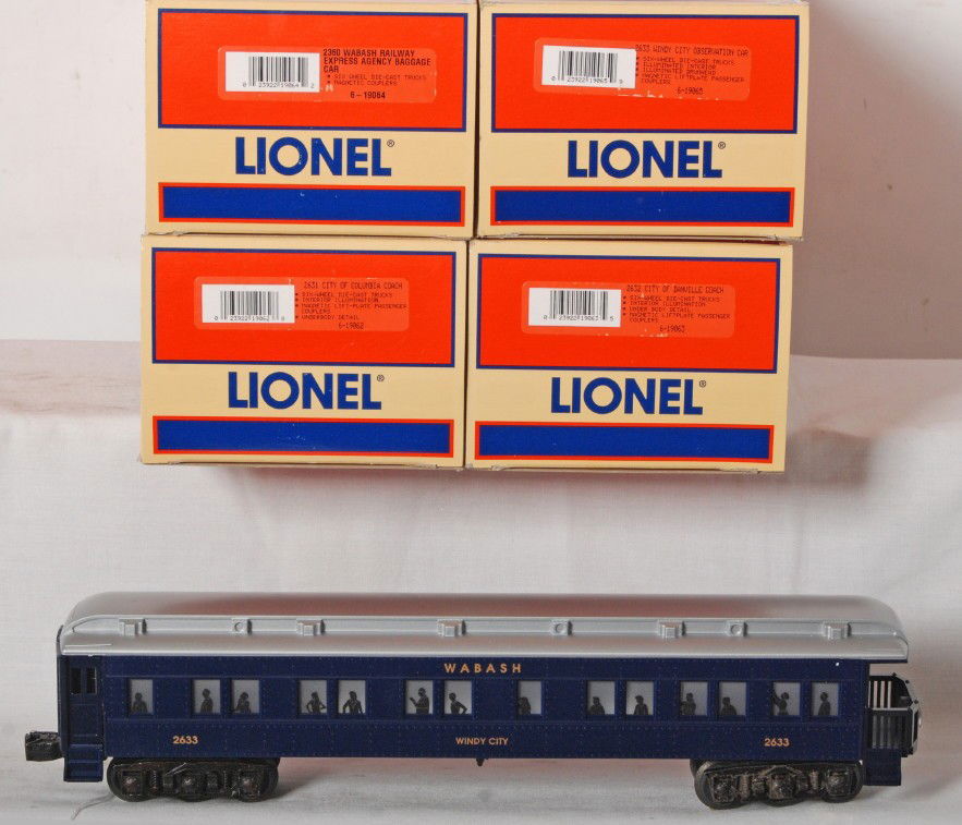 Lionel 19061 Wabash Railway passenger car 4 pack: Lionel modern O gauge 19061 Wabash Railway passenger car 4 pack in OBs, C8-9. 19062; 2631 City of Columbia coach, 19063; 2632 City of Danville coach, 19064; 2360 Wabash Railway Express Agency baggage