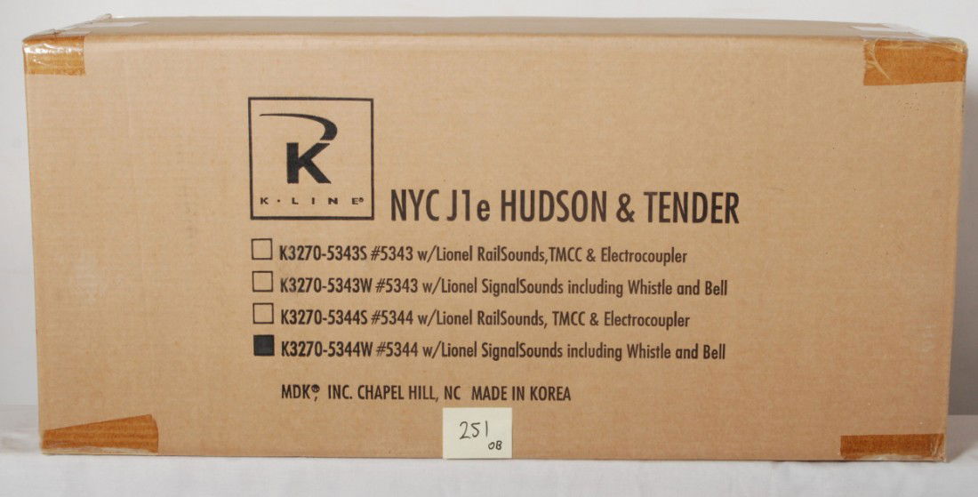 K Line New York Central J1e Hudson: K Line modern O gauge New York Central J1e Hudson steam locomotive in OB. Catalog number is K3270-5344W. Loco features Signal Sounds, smoke, and more. Loco is factory sealed in master carton and assum
