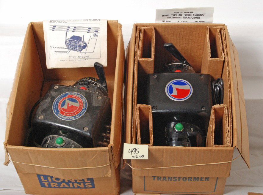 2 Lionel ZW 275 watt transformers: Lionel Postwar O gauge ZW 275 watt transformers in OBs. One has been restored with new cords, repro box with inserts and cleaned. Very nice C7-8 restored. Also includes reprinted instructions. The sec