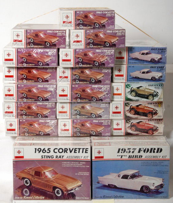 22 Renewal model kits 65 Corvette, 57 T bird, 1929: Twenty two Renewal model kits factory sealed in plastic except for two. Includes fifteen No. 136 1965 Corvette, four No. 149 1957 Ford Thunderbirds, and three No. 145 1929 Ford model A. C9-10.