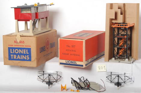 Lionel 197 w/insert and 465 in OB: Postwar Lionel O gauge boxed accessories. 197 rotating radar antenna w/broken original head, a reproduction replacement head and original insert. 465 sound dispatching station w/microphone,