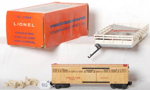 Lionel 3366 operating circus car and corral in OB: Postwar Lionel O gauge 3366 operating circus car and corral in original box no insert. Car is yellowed, C6. Corral and rust and oxidation on base, sold as is. Box is very solid with masking tape
