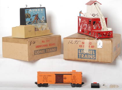 Lionel 334 dispatching board, 352 ice depot in OB: Postwar Lionel O gauge 334 dispatching board with 90 controller and two box inserts. 352 ice depot set with 6352 PFE ice car, five original ice blocks and box insert. 334 has detached clock,