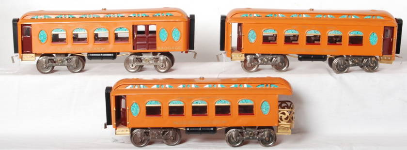 Lionel 18, 19, 190 passenger cars restored nicely: Prewar Lionel standard gauge 18 Parlor (missing a hand grab), 19 Parlor/baggage, and 190 observation passenger cars, nicely restored to look C7-8.