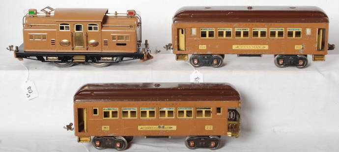 Lionel 318E restored with 309 and 312 original: Prewar Lionel standard gauge 318E electric locomotive restored to look very nice C7-8. Wheels have been replaced and have casting issues. 309 Pullman and 312 observation passenger cars, original C6.