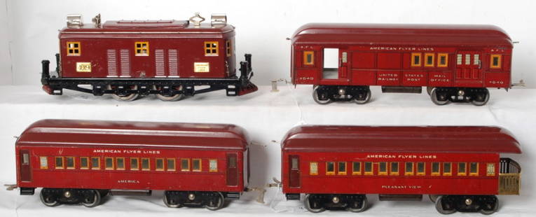American Flyer 4019 w/three wide gauge passengers: Prewar American Flyer wide gauge 4019 boxcar electric locomotive with 4040 baggage, America coach, and America observation passenger cars, nice clean and shiny C6++.