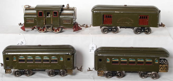 Lionel 33 loco, 32, 35, and 36 passenger cars: Prewar Lionel O gauge 33 electric locomotive with 32 baggage, 35 Pullman, and 36 observation (missing a step), C6. Loco has some dings to cab roof.