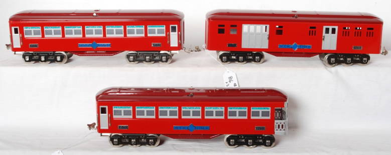 MTH Ives 1766, 1767, 1768 standard gauge pass. in: Modern era MTH reproduction Ives standard gauge passenger cars, unrun C9 area. 1766 coach, 1767 baggage, 1768 observation. Boxes are clean, square and solid with little wear.