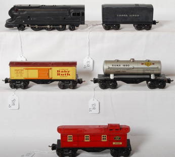 Lionel 1668, 1689T, 1679, 1680, 1682: Prewar Lionel O gauge 1668 steam locomotive, 1689T tender, 1679 Baby Ruth boxcar, 1680 Sunoco tank, 1682 caboose, nice clean C6.