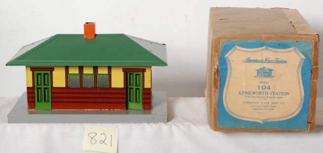 American Flyer Model 104 Kenilworth Station in OB: Prewar American Flyer narrow/O gauge Model 104 Kenilworth Station with one interior electric light in original box, C7. Box is square and solid with repairs to lid.