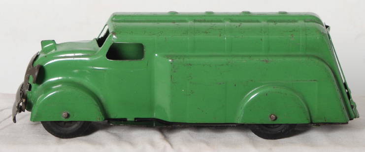 Wyandotte pressed steel gasoline/oil truck: Wyandotte pressed steel gasoline or oil delivery truck measuring approximately 10-5/8 inches long, C7. Clean interior. Truck retains 70% or more original paint.