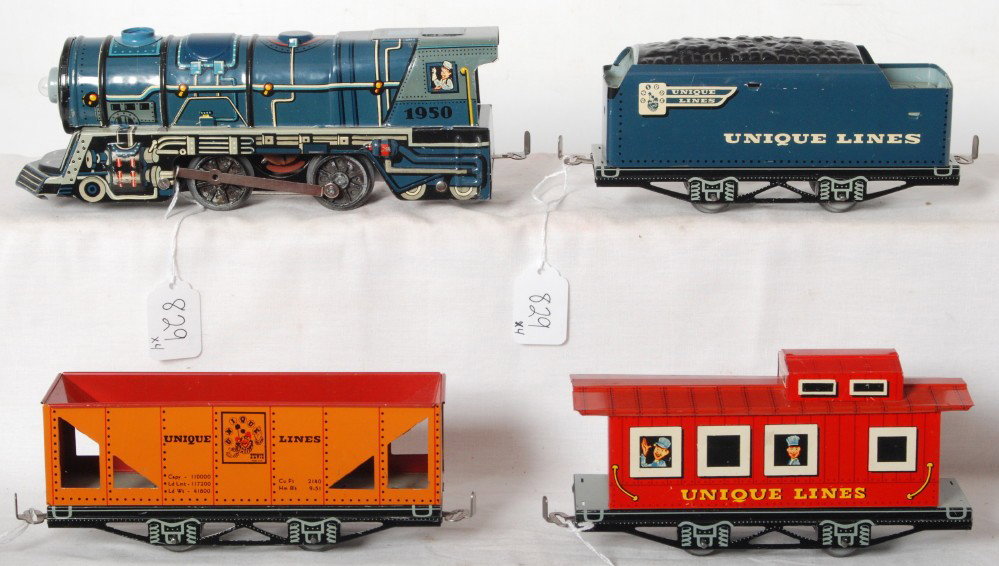 Unique Lines 1950 steam loco and tender w/cars: Postwar Unique Lines tinplate lithographed electric No. 1950 steam locomotive and tender with hopper and caboose. Trains are very clean and shiny C7-8.