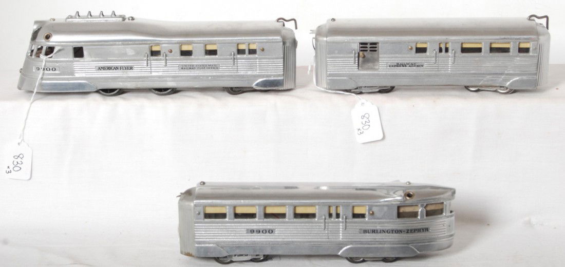 American Flyer Burlington Zephyr loco and two cars: Prewar American Flyer O/narrow gauge Burlington Zephyr streamlined diesel passenger train with 9900 RPO powered unit, baggage car, 9900 observation car. Train has been polished and re-decaled, nice cl