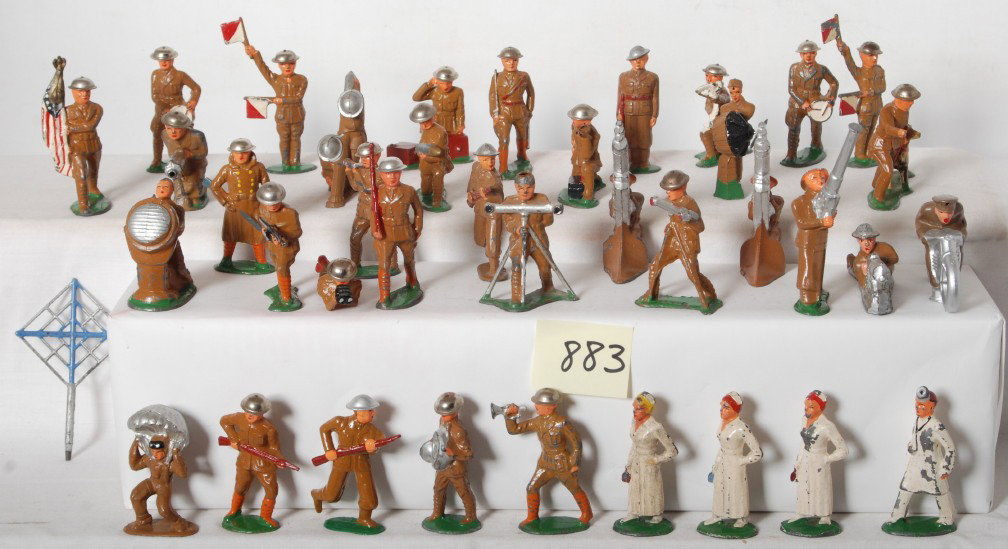 Thirty-eight Barclay diecast lead soldier figures.: Vintage Barclay diecast lead soldiers, nurses and a doctor figures. Figures range C5 to C9. All are in original paint. Please view photos for best description.