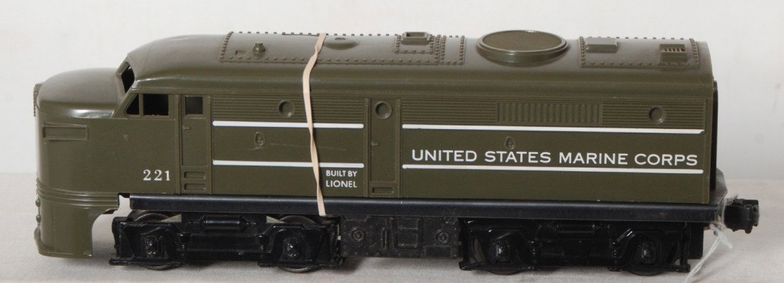 Lionel postwar O gauge 221 USMC olive Alco: Lionel postwar O gauge 221 USMC olive Alco unit, strong lettering and graphics, C8.