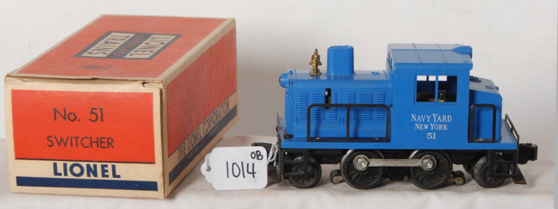 High grade Lionel No. 51 Navy Yard switcher in OB: Postwar Lionel O gauge No. 51 Navy Yard New York industrial diesel switcher in original box with insert. Train should clean and polish C8 area. Box looks C7-8 w/older dealer sticker.