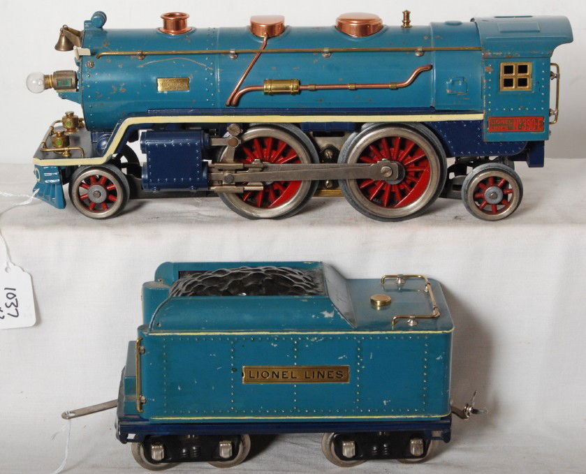 Lionel No. 390-E Blue Comet steam loco and tender: Prewar Lionel standard gauge No. 390-E steam loco and No. 390-T tender in the famous Blue Comet two tone blue paint scheme. Both are in the nicer C6 area with the loco looking better.