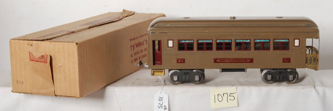 Lionel No. 312 Mojave observation car in OB: Prewar Lionel standard gauge 312 Mojave observation car in original box, car should clean and polish to look nice C7 area. Box has nice dark and crisp printing, C8 in shape.