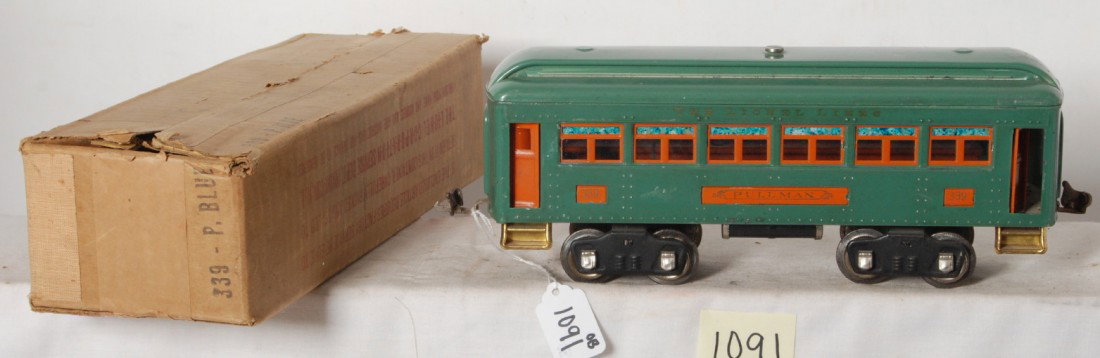 Lionel No. 339 P. Blue Pullman in OB: Prewar Lionel standard gauge No. 339 Peacock Blue Pullman passenger coach in original box, very clean and shiny C6+. Box looks C7-8.