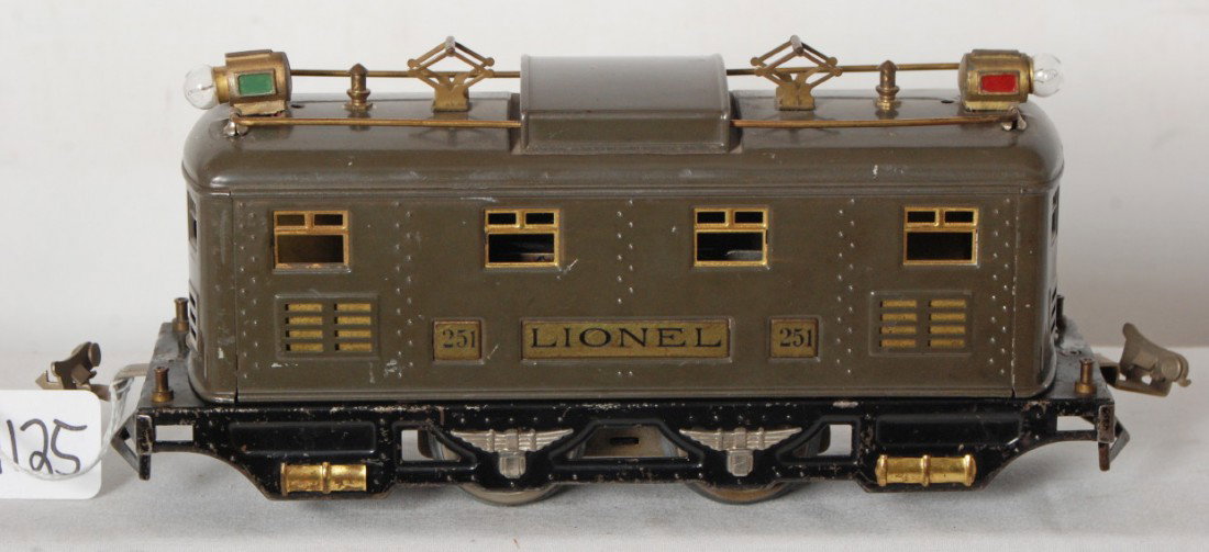 Lionel No. 251 boxcar electric locomotive gray w/: Prewar Lionel O gauge No. 251 boxcar electric locomotive in gray with brass windows, C6++. Very clean and shiny train.