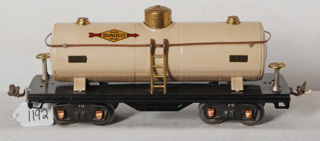 Fantastic looking Lionel No. 515 Sunoco tank in I: Prewar Lionel standard gauge No. 515 Sunoco tank car in Ivory, super clean and shiny C7+.
