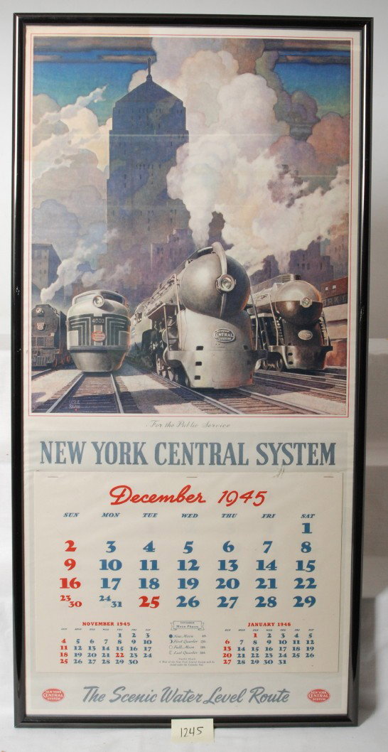 Framed New York Central 1946 calendar: New York Central Railroad 1946 wall calendar. This beautiful framed calendar with artwork from Leslie Ragan is all original and appears unused with all calendar sheets attached. Calendar has been prof