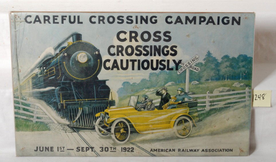 1922 Cross Crossings Cautiously poster: 1922 American Railway Association Cross Crossings Cautiously poster. Poster has light wear and tack marks in the corners. Has been mounted on card stock with a plastic protective covering. Poster meas