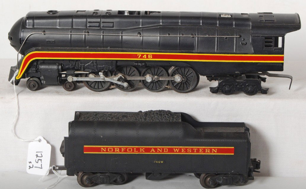 Lionel 746 N&W J class loco and tender, high grad: Postwar Lionel O gauge No. 746 Norfolk and Western streamlined J class steam locomotive and short striped tender, C7-8.