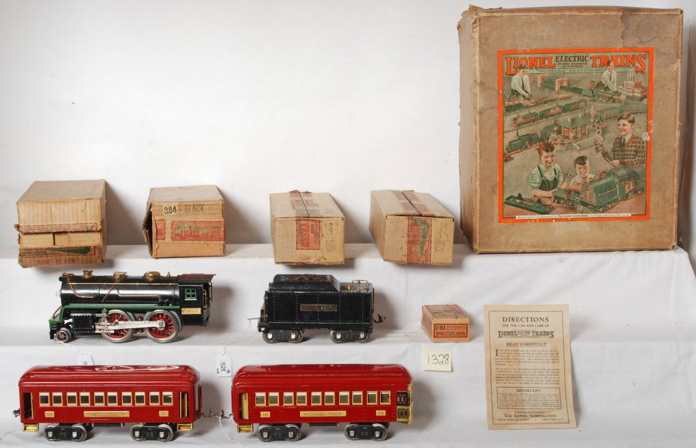 Lionel Outfit No. 385E steam passenger set in OB: Prewar Lionel standard gauge Outfit No. 385E steam passenger set with No. 384-E steam locomotive, No. 384-E tender, 337 Pullman coach, and 338 observation. Loco has been partially restored. Loco and t