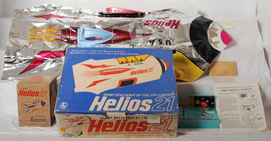 Lionel No. 861 Helios 21 Space Ship in OB, comple: Postwar Lionel No. 861 Helios 21 Giant Spaceship of the 21st Century in original box with two sets of instructions, No. 866 Anti-Gravity booster in OB with hose and nozzle, Space Center, factory seale