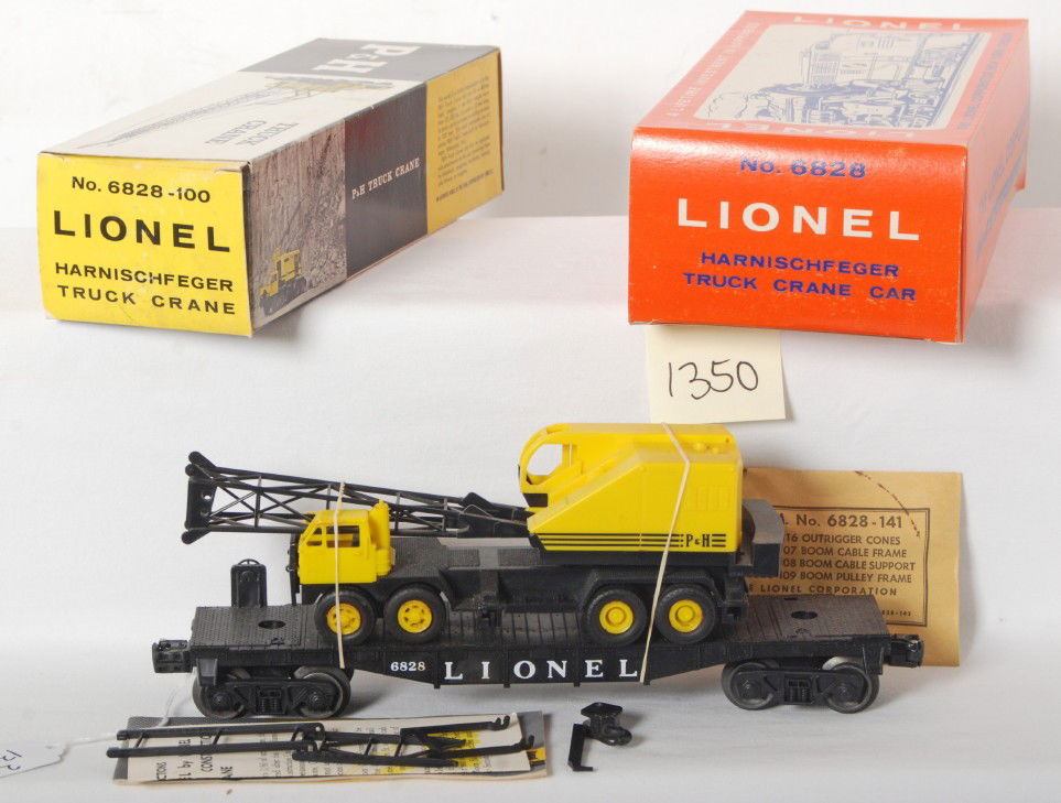 Lionel 6828 Harnischfeger truck crane car in OB: Postwar Lionel O gauge No. 6828 Harnischfeger truck crane in original box with original literature, components envelope and some loose parts. Flatcar looks unrun C9 area. Boxes looks C9 area.