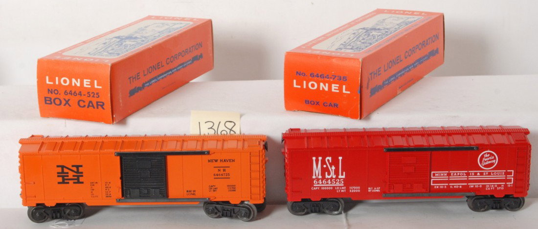 Lionel 6464-525 and 6464-735 in box, Mint: Postwar Lionel O gauge No. 6464-525 M.St.L. boxcar and No. 6464-735 New Haven boxcar, in original boxes, C9 area.