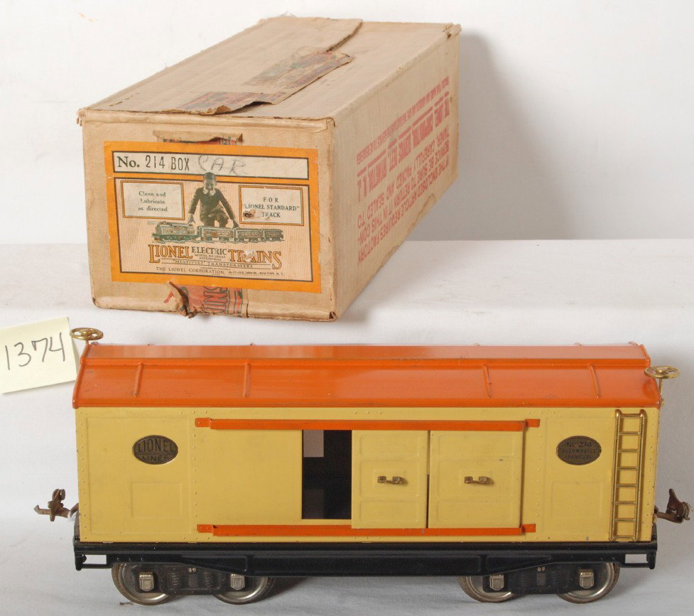 Lionel No. 214 automobile furniture car in origin: Prewar Lionel standard gauge No. 214 automobile furniture car in original box, should clean and polish to look great C7 area. Box looks nice C7 area.